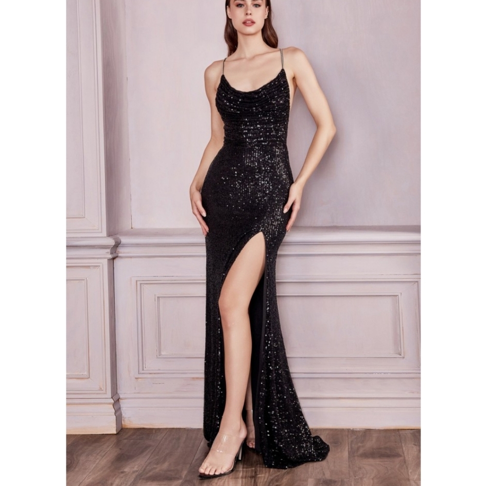 Black Sequins Cowl Fitted Gown Cinderella Divine CF199